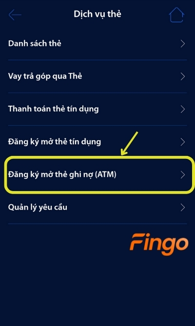 Chọn mục Đăng ký mở thẻ ghi nợ ATM