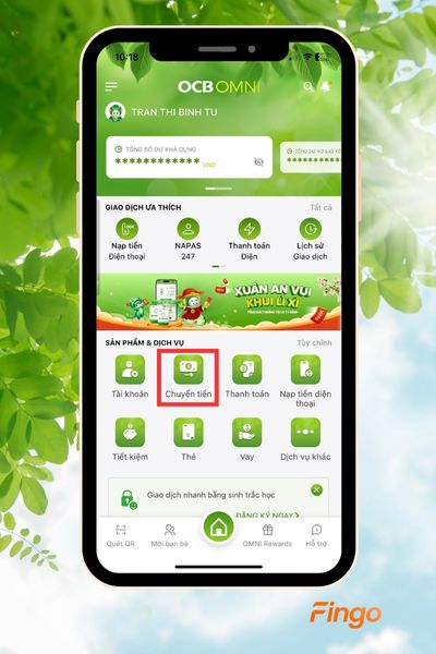 Chọn mục "Chuyển tiền" sau khi đăng nhập vào ứng dụng OCB OMNI