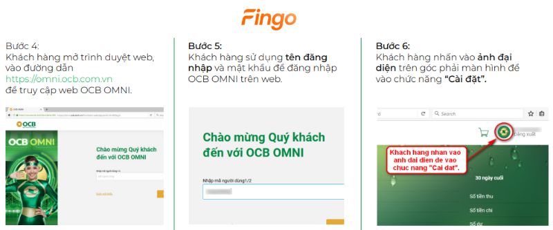 Khách hàng mở trình duyệt web, truy cập web OCB OMNI. Sau đó, nhấn vào ảnh đại diện trên góc phải màn hình để vào chức năng “Cài đặt”
