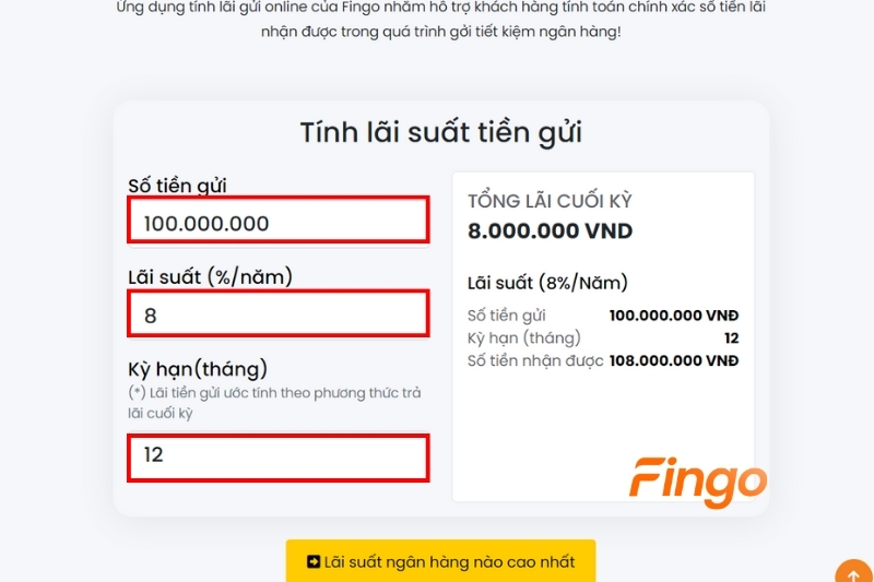 Nhập số tiền gửi 100 triệu đồng, số tháng cũng như mức lãi suất đi kèm