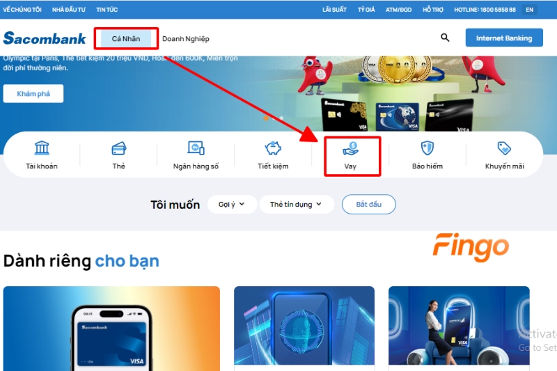 Truy cập vào website chính thức của ngân hàng Sacombank > Chọn “Vay”.