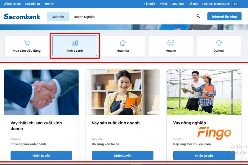 Chọn “Kinh doanh”, tại đây, các gói sản phẩm của vay kinh doanh hiển thị > Chọn sản phẩm vay phù hợp với nhu cầu.