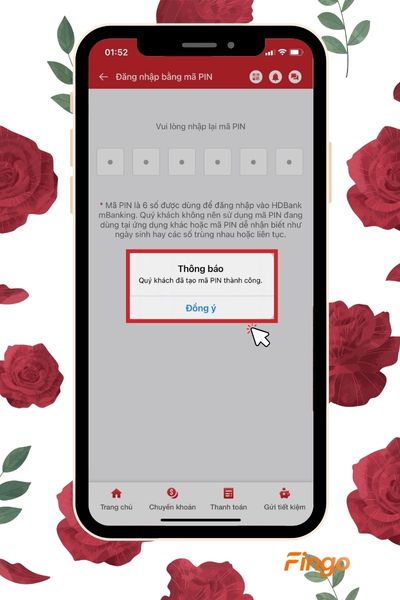 Ứng dụng HDBank Mobile Banking thông báo bạn đã tạo mã PIN thành công.
