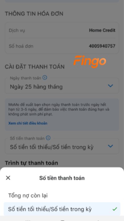 Chọn số tiền cần thanh toán tự động