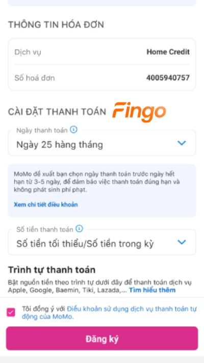 Chọn đồng ý điều khoản và bấm “Đăng ký" thanh toán tự động