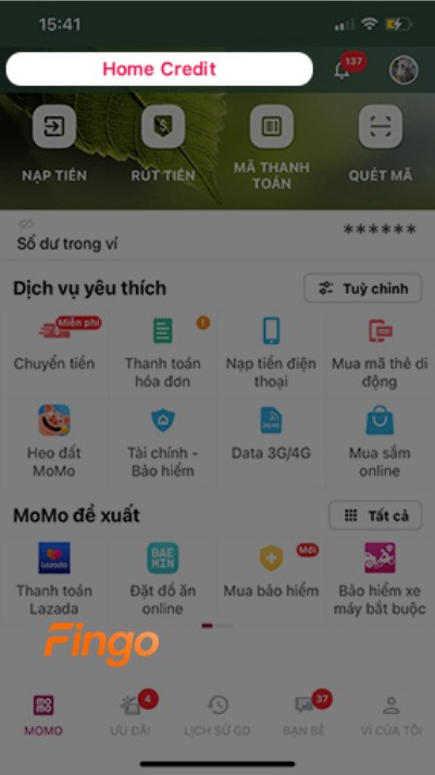 tìm kiếm từ khóa “Home Credit” hoặc chọn mục Tài chính – Bảo hiểm > Thanh toán khoản vay > Home Credit