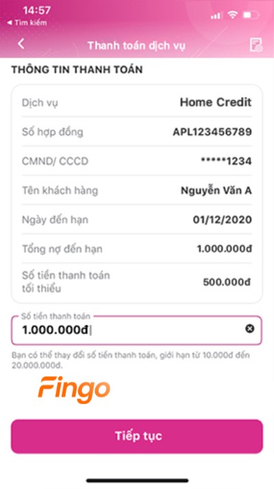 Xác nhận thông tin khoản vay và số tiền cần thanh toán
