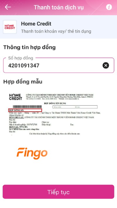 Chọn thanh toán khoản vay Home Credit. Sau đó nhập số hộp đồng (còn kỳ thanh toán) và chọn “Tiếp tục"