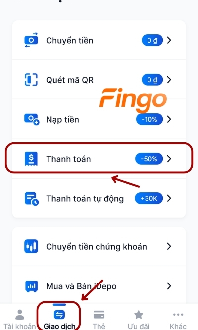  Đăng nhập tài khoản. Tại thanh menu, chọn Giao dịch. Tiếp đó, khách hàng chọn Thanh toán để bắt đầu thanh toán tiền nước.