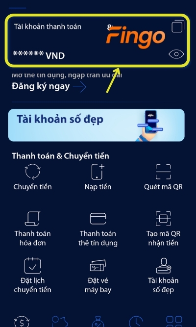Đăng nhập ứng dụng digimi. Tại màn hình chính, chọn mục Tài khoản như trên để tìm kiếm thông tin giao dịch đã thực hiện thành công trên tài khoản khách hàng muốn tra cứu.
