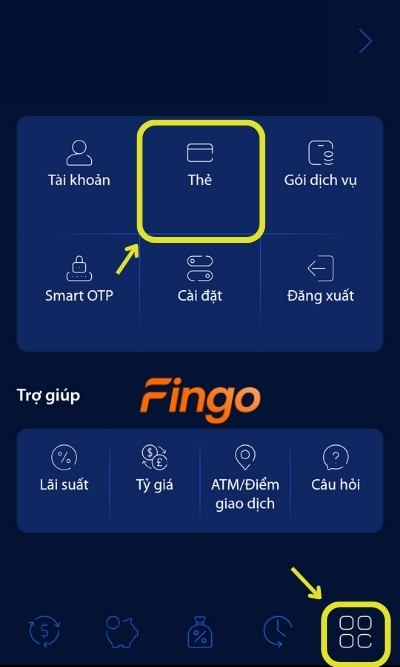 Đăng nhập ứng dụng ngân hàng. Tại thanh menu chọn Cài Đặt. Tiếp đó chọn mục Thẻ để bắt đầu