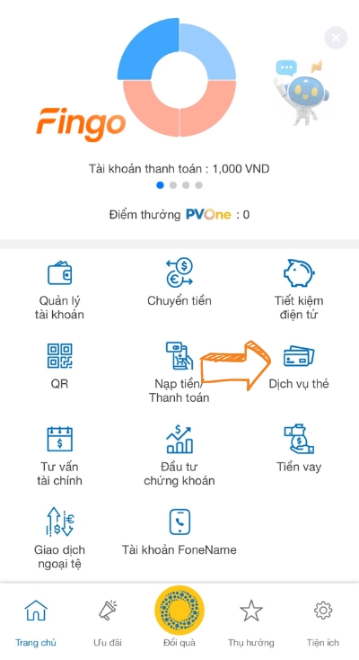 Nhấn chọn dịch vụ thẻ