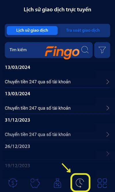 Đăng nhập ứng dụng digimi. Tại thanh Menu, chọn biểu tượng Lịch sử giao dịch. Sau đó lựa chọn giao dịch mà khách hàng muốn thực hiện giao dịch.