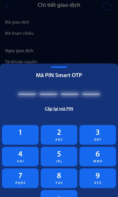 Nhập mã PIN Smart OTP để hoàn tất thủ tục tra soát giao dịch.