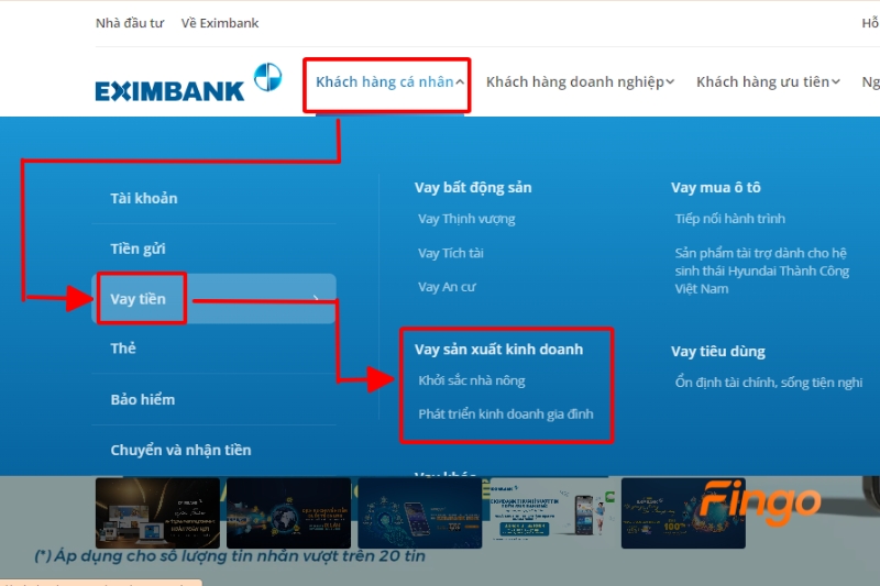 Truy cập website chính thức của ngân hàng Eximbank, tại danh mục “Khách hàng cá nhân” > Chọn “Vay tiền” > chọn “Sản xuất kinh doanh”.