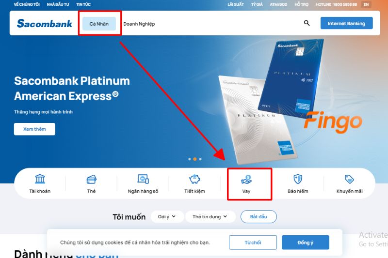 Truy cập trang web chính thức của ngân hàng Sacombank, tại mục “Khách hàng cá nhân” > Chọn “Vay”.