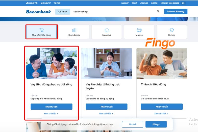 Trang web hiển thị các sản phẩm cho vay, chọn “Vay tiêu dùng phục vụ đời sống”.