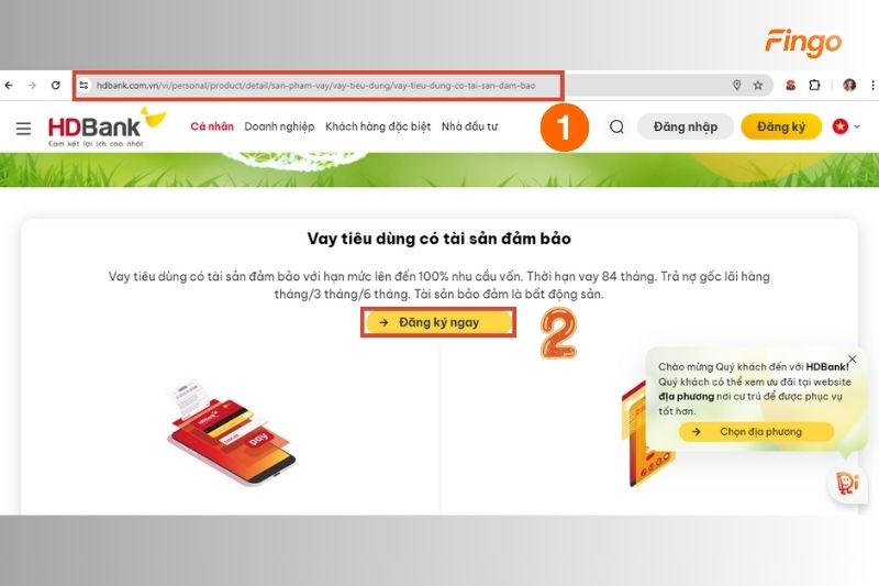 Chọn "Đăng ký ngay" để thực hiện quá trình vay tiêu dùng có tài sản đảm bảo HDBank