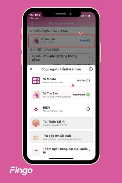 Chọn nguồn tiền/tài khoản bạn muốn nạp tiền ePass qua MoMo