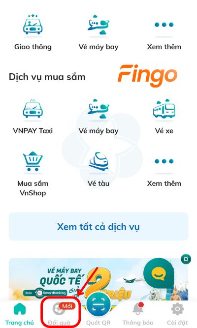 Đăng nhập ứng dụng SmartBanking BIDV. Tại màn hình chính, chọn Đổi quà tại thanh điều hướng