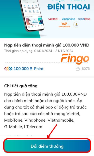 Chọn Đổi điểm thưởng để tiếp tục