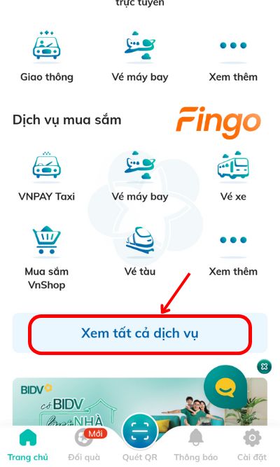 Đăng nhập ứng dụng BIDV SmartBanking. Tại màn hình, chọn xem tất cả dịch vụ