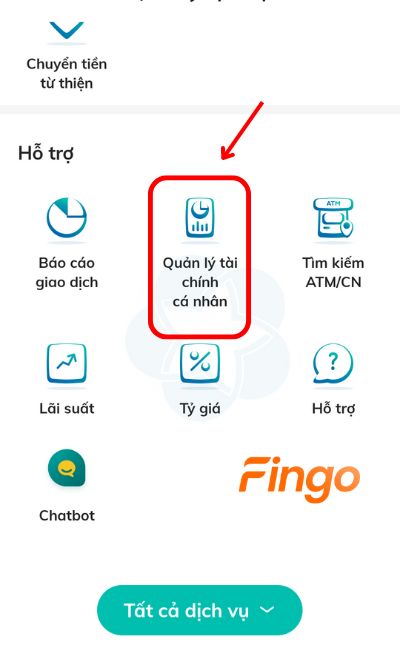Sau đó, khách hàng kéo xuống tới mục Hỗ trợ để chọn Quản lý tài chính cá nhân
