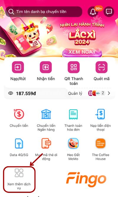 Đăng nhập ứng dụng MoMo. Tại màn hình, khách hàng chọn mục Xem thêm dịch vụ để tìm kiếm mục thanh toán thẻ tín dụng VIB