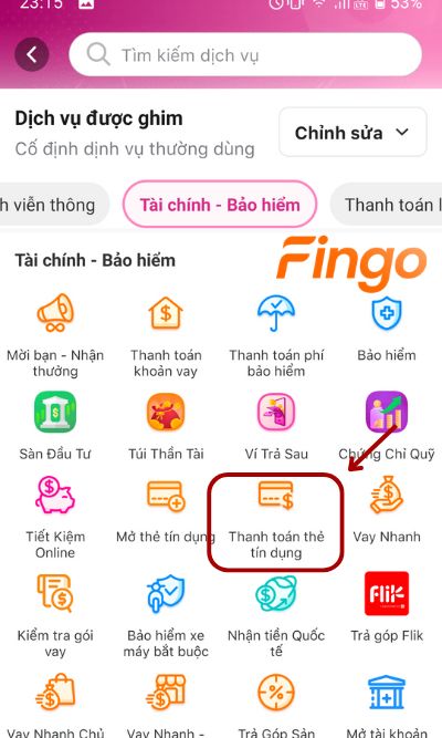 Tìm kiếm mục Thanh toán thẻ tín dụng tại mục Tài chính - Bảo hiểm