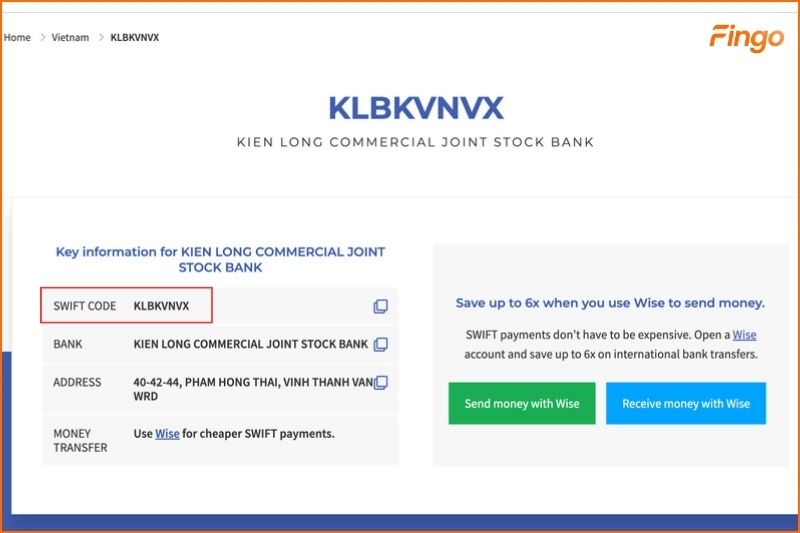 Website sẽ hiển thị mã Swift Code ngân hàng bạn đang tìm kiếm