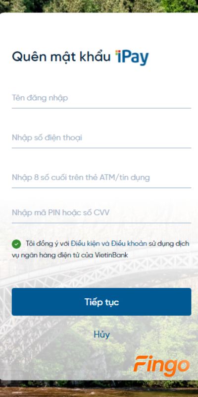 Mở khóa tài khoản thông qua website ipay.vietinbank.vn