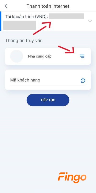 Chọn nhà cung cấp và tài khoản thanh toán