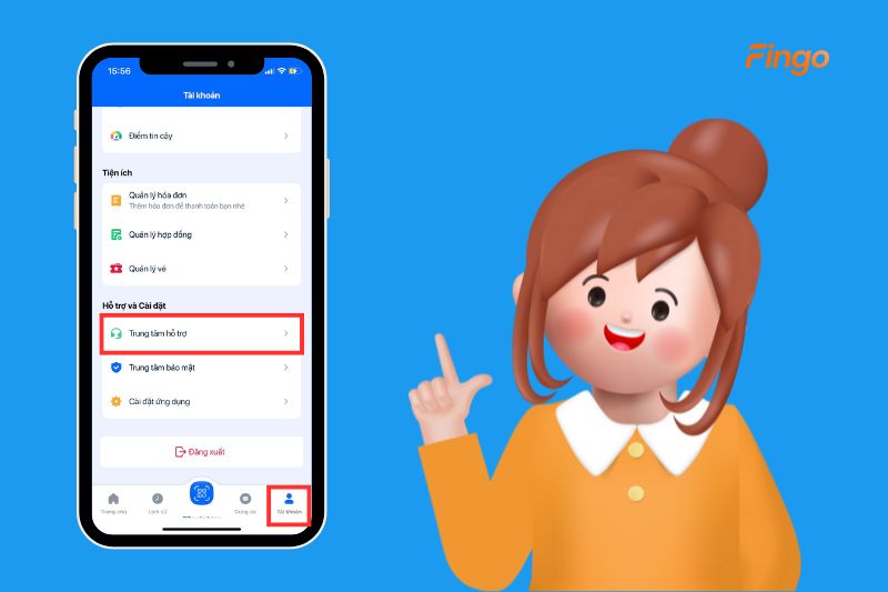 Chọn mục "Tài khoản" và "Trung tâm hỗ trợ"
