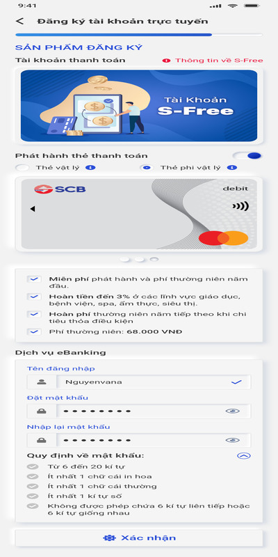 Đặt tên đăng nhập và mật khẩu cho ứng dụng SCB Mobile Banking