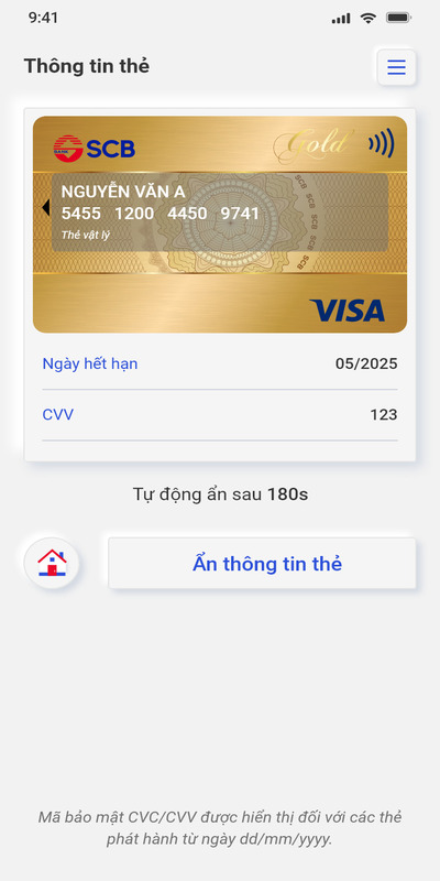Màn hình hiển thị số thẻ SCB trên điện thoại