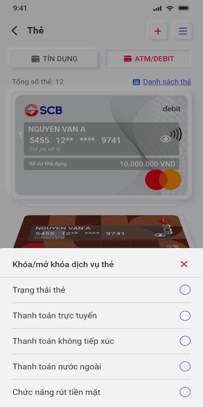 Chọn dịch vụ thẻ bạn muốn khoá như hình trên