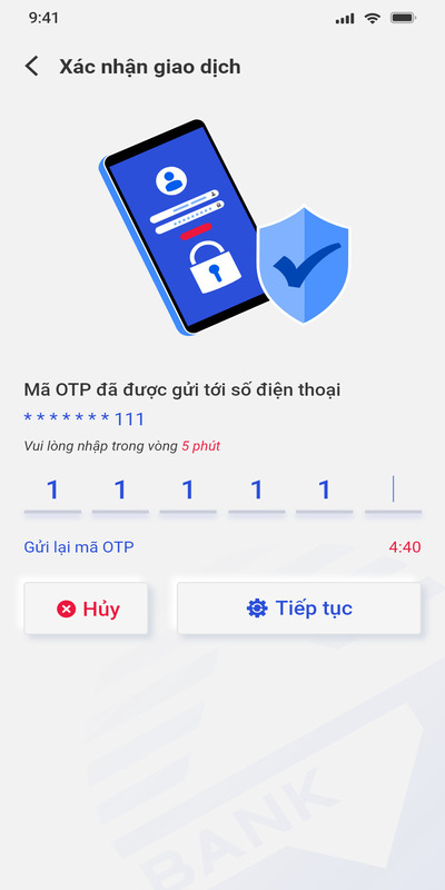 Nhập mã OTP được gửi đến điện thoại và bấm chọn Tiếp tục
