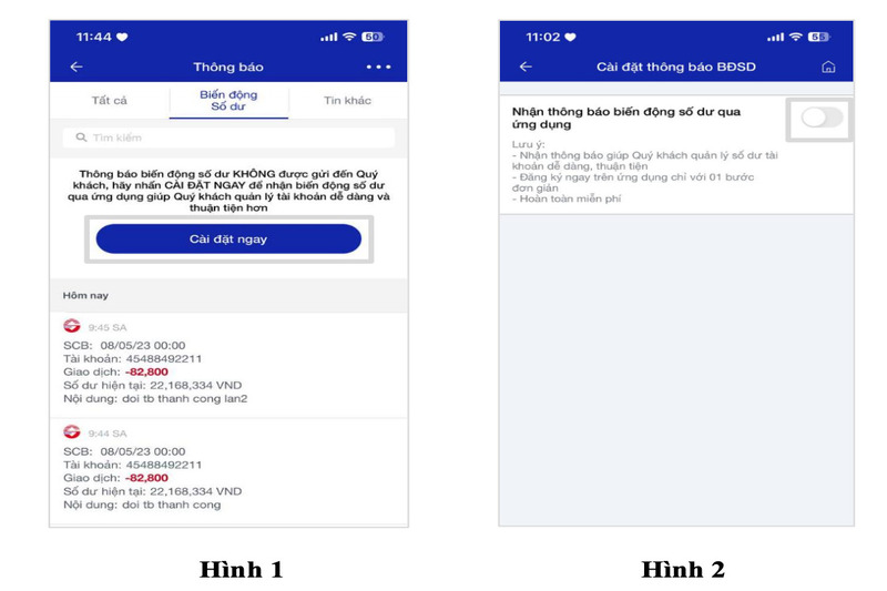 Nếu tắt thông báo BĐSD, màn hình thông báo sẽ hiển thị như trên