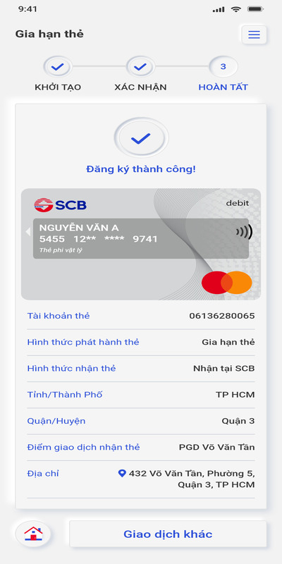 Màn hình giao hạn thẻ thành công trên app Mobile
