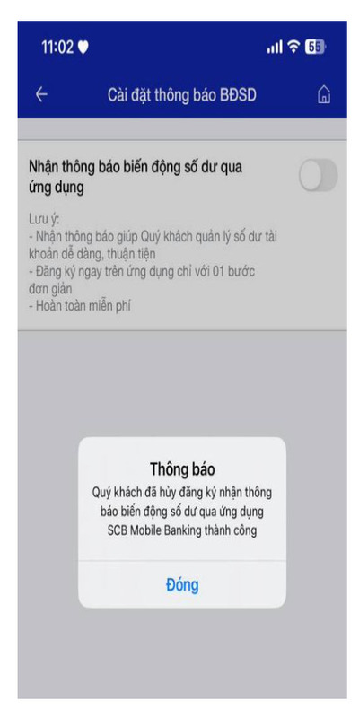 Trạng thái tắt thông báo biến động số dư SCB