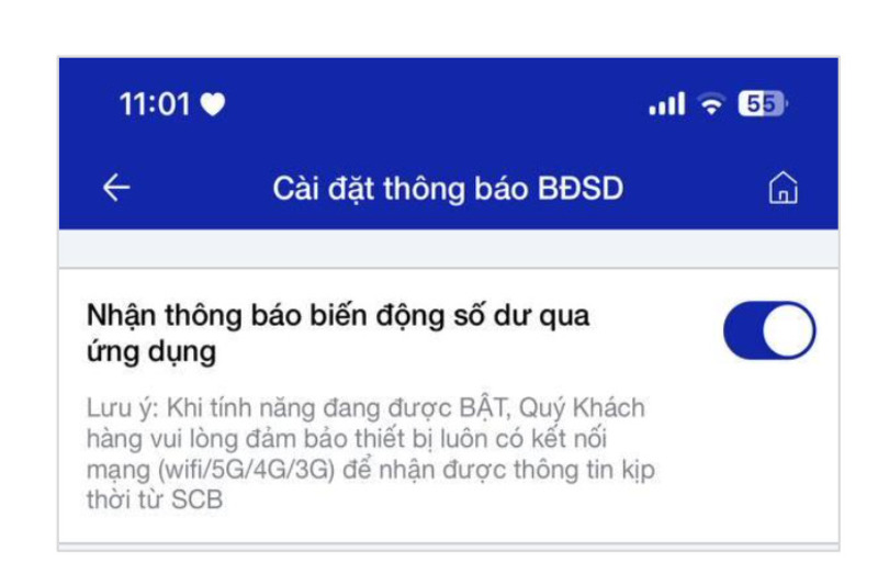 Giao diện bật thông báo biến động số dư