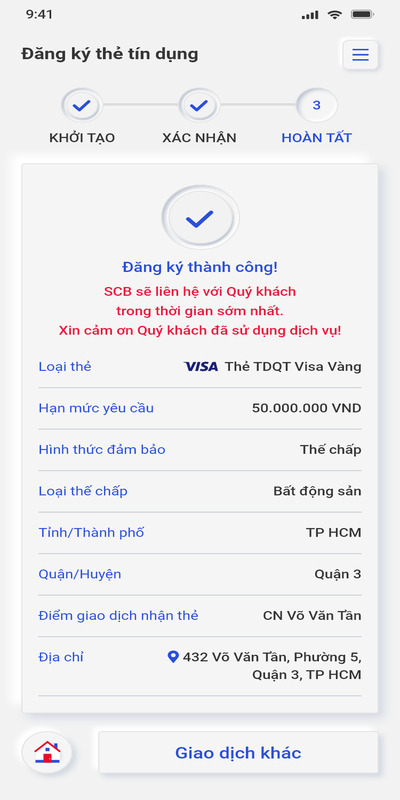 Màn hình đăng ký thành công