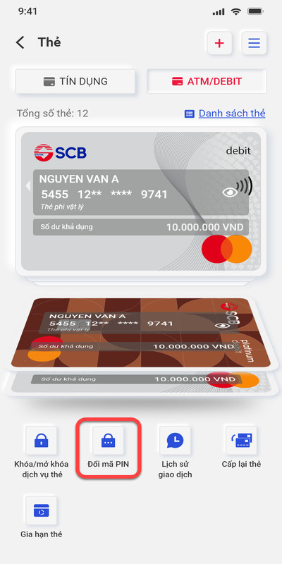 Chọn mục Đổi mã PIN trên màn hình ứng dụng SCB Mobile Banking