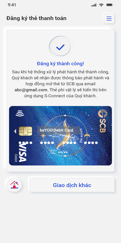 Màn hình đăng ký thành công thẻ phi vật lý
