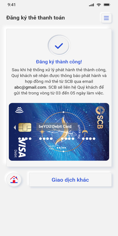 Màn hình đăng ký thành công thẻ vật lý