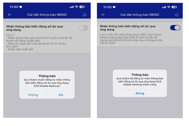 Màn hình thông báo BĐSD của SCB