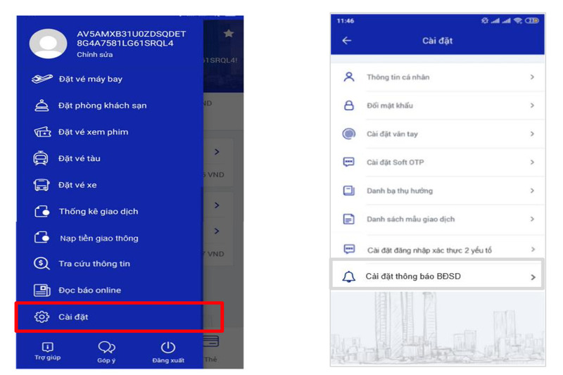 Chọn Cài đặt thông báo BĐSD tại app SCB Mobile Banking