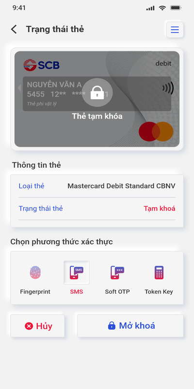 Bấm xác thực và khoá thẻ SCB theo yêu cầu