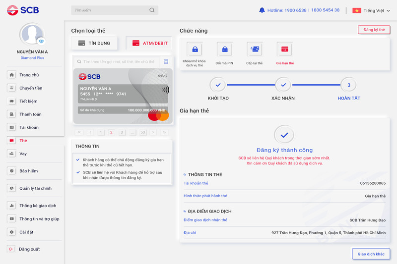 Màn hình hiển thị gia hạn thẻ thành công trên Internet Banking