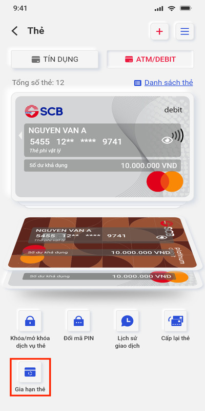 Chọn mục Gia hạn thẻ hiển thị trên App Mobile